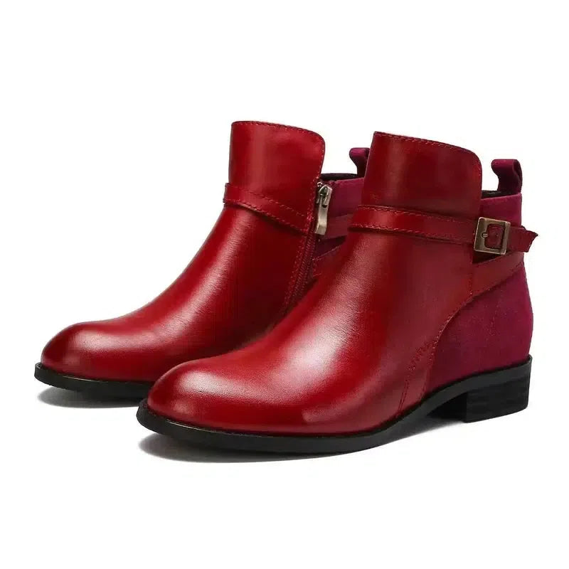 Low Heel Boot Women Buckle Shoes Fall Winter Waterproof-Red-3