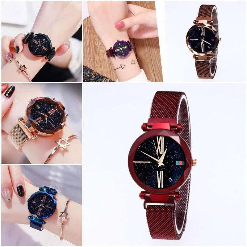 Luxury Women Watches Ladies Clock Magnet Buckle Starry Diamond Geometric Surface Quartz Wristwatch-2