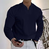 Male Fashion Casual Solid Color V-neck Long Sleeve Shirts-Navy Blue-14