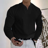 Male Fashion Casual Solid Color V-neck Long Sleeve Shirts-Black-2