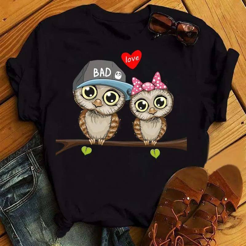 Maycaur Cartoon Owl Print T Shirt Women Kawaii Graphic-BT6660-HS-7