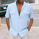 Men's Casual Loose Solid Color Pocket Shirt-Blue-2