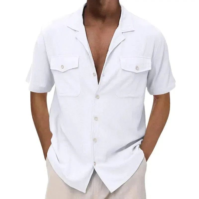 Men's Casual Loose Solid Color Pocket Shirt-White-4