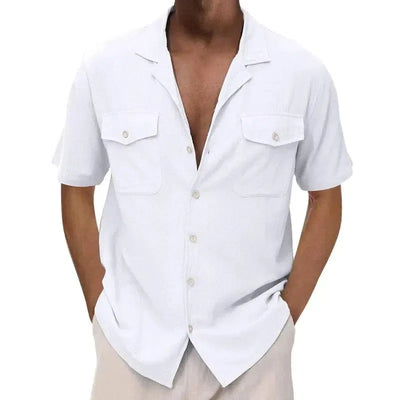 Men's Casual Loose Solid Color Pocket Shirt-White-4