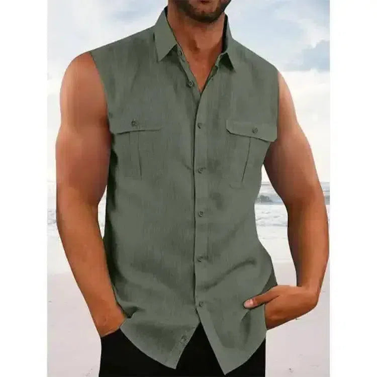 Men's Casual Solid Color Sleeveless Shirt-Army Green-1