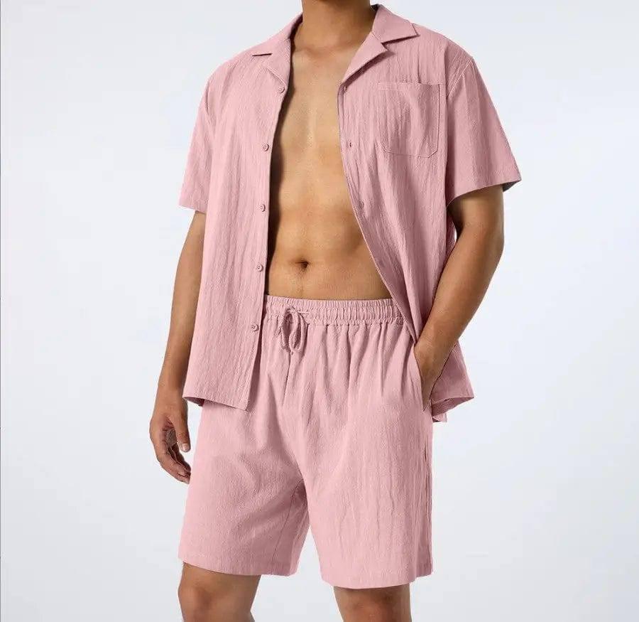 Men's Fashion Loose Casual Men's Shirt Two-Piece Set-Pink-2