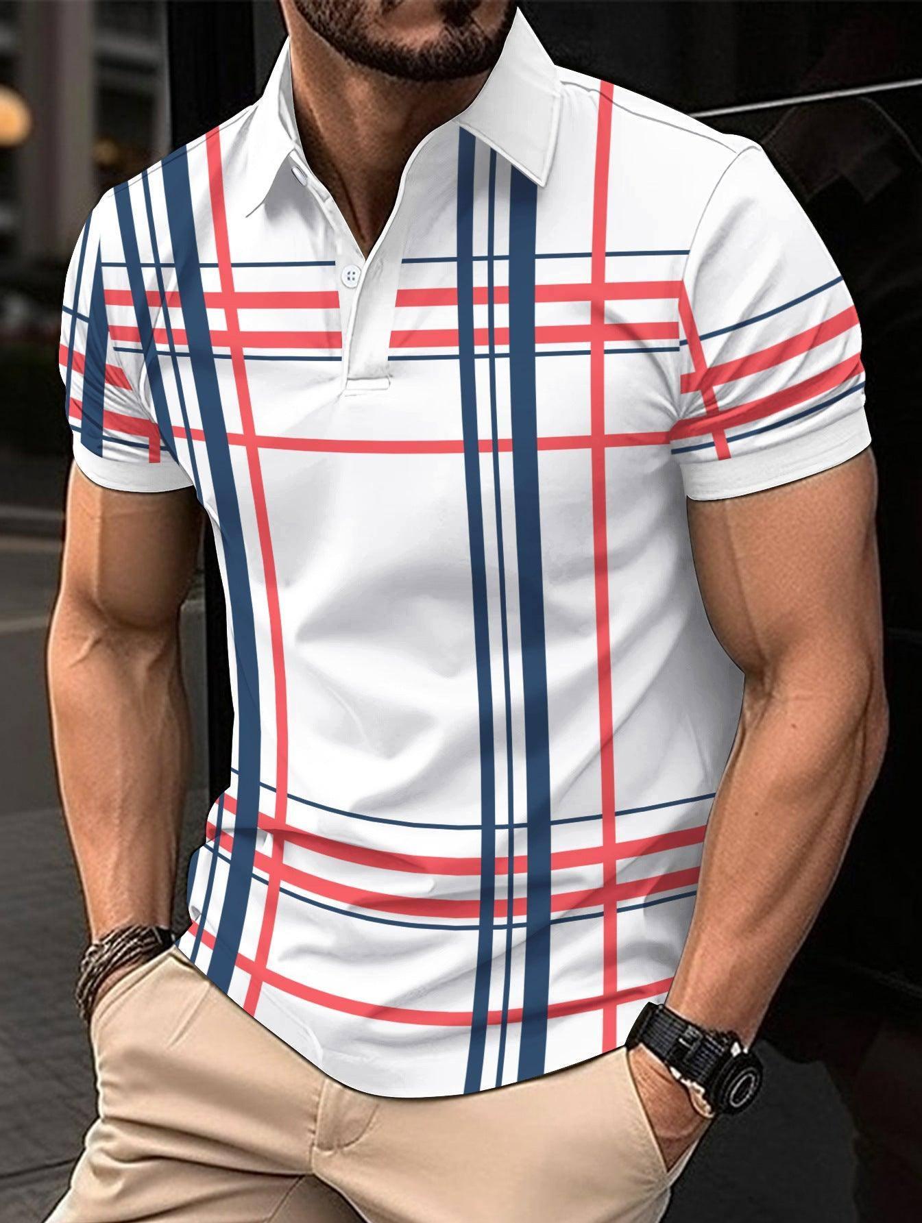 Men's Printed Lapel Button Sport Short Sleeved Shirt-White-6