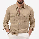 Men's Shirt Multi-pocket Solid Color Casual Long Sleeves Top-Khaki-6