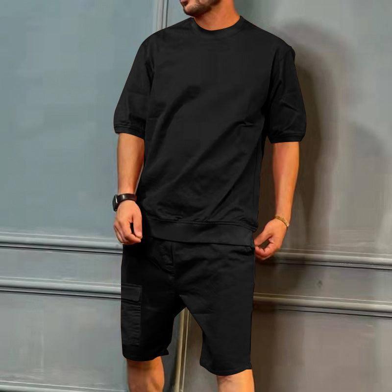 Men's Sports Suits Summer Round Neck Short-sleeved Top And Khaki / 3XL-Black-3