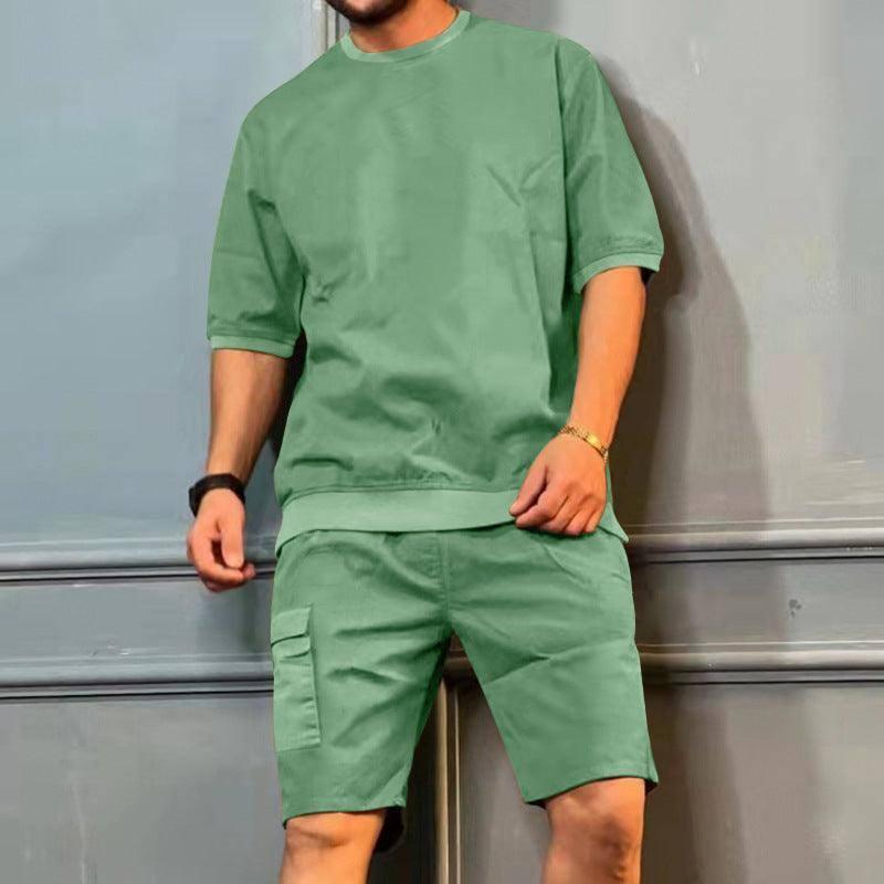 Men's Sports Suits Summer Round Neck Short-sleeved Top And Khaki / 3XL-Green-6