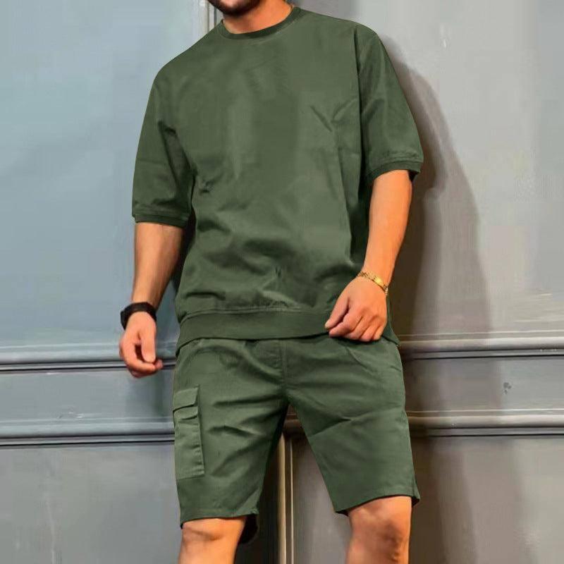 Men's Sports Suits Summer Round Neck Short-sleeved Top And-Grey Green-7