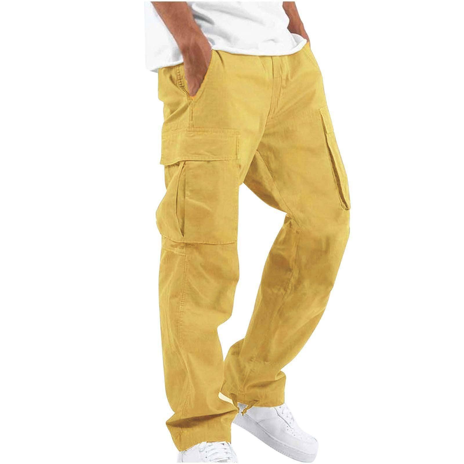 Men's Workwear Drawstring Multi-pocket Casual Pants-Yellow-7