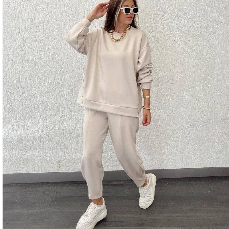 Metal Button Long Sleeve Shirt Sports Casual Ankle Banded Pants Suit-Almond White-2