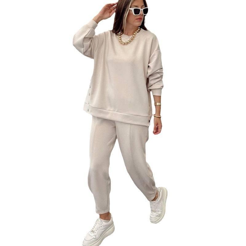 Metal Button Long Sleeve Shirt Sports Casual Ankle Banded Pants Suit-6