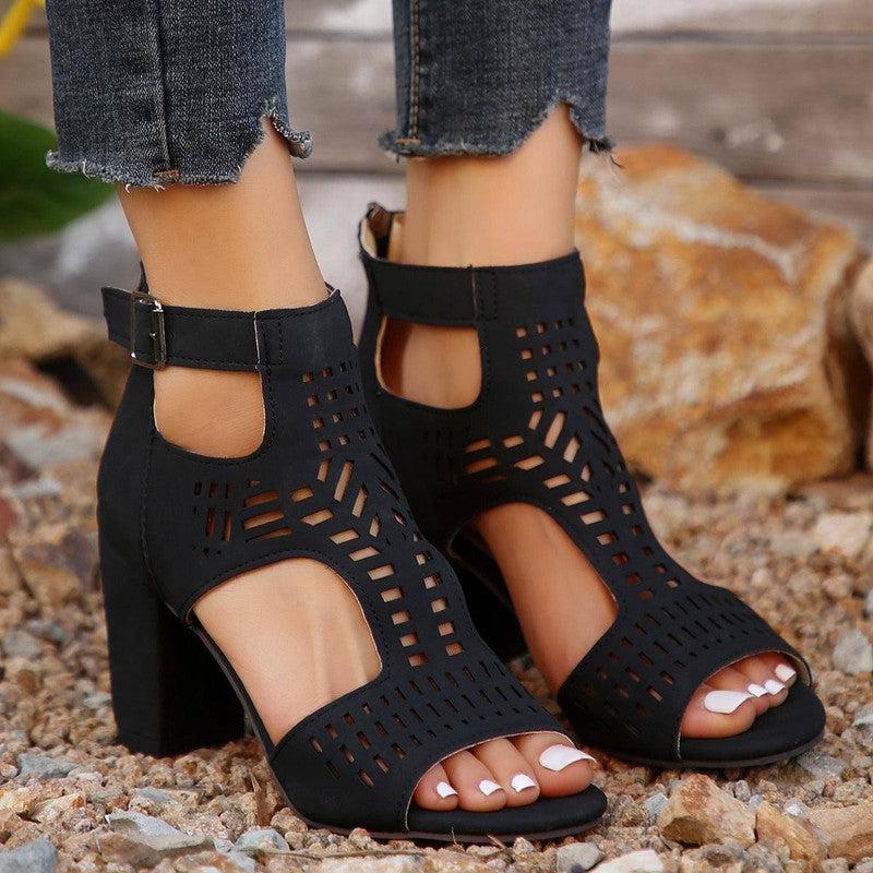 New High Square Heel Hollow Roman Shoes With Back Zipper-Black-4