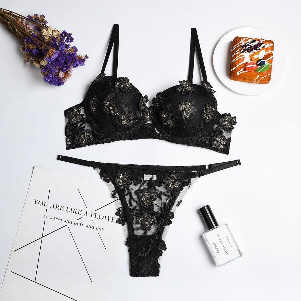 New Sexy Lingerie Set Flower Embroidery Girl Underwear With-Black-7