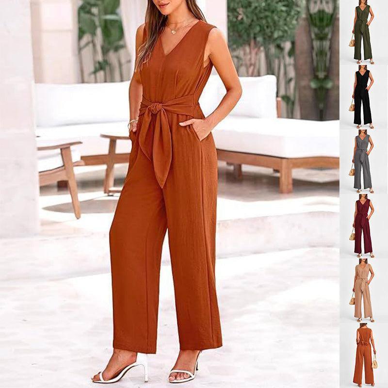 New V-neck Sleeveless Long Jumpsuit With Pockets And Lace-up Army Green / 2XL-1