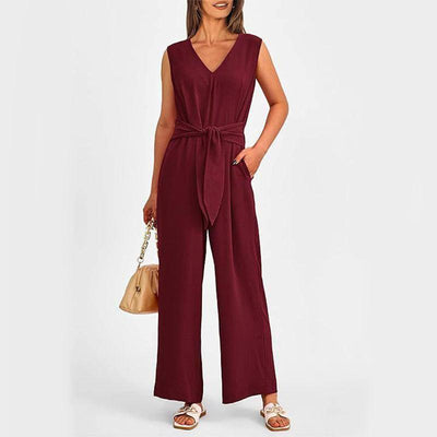 New V-neck Sleeveless Long Jumpsuit With Pockets And Lace-up Army Green / 2XL-Wine Red-6