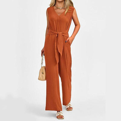 New V-neck Sleeveless Long Jumpsuit With Pockets And Lace-up Army Green / 2XL-Orange-7