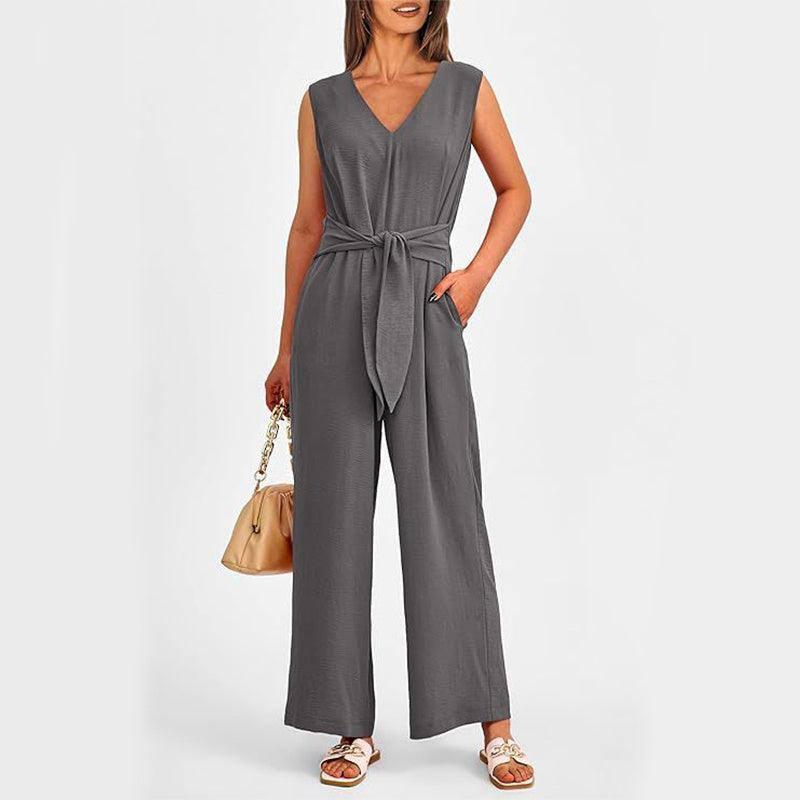 New V-neck Sleeveless Long Jumpsuit With Pockets And Lace-up Army Green / 2XL-Grey-8