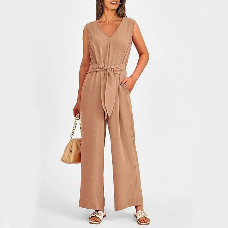 New V-neck Sleeveless Long Jumpsuit With Pockets And Lace-up-Khaki-9