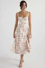 New Women's Floral Print Dress With Straps-White red-12