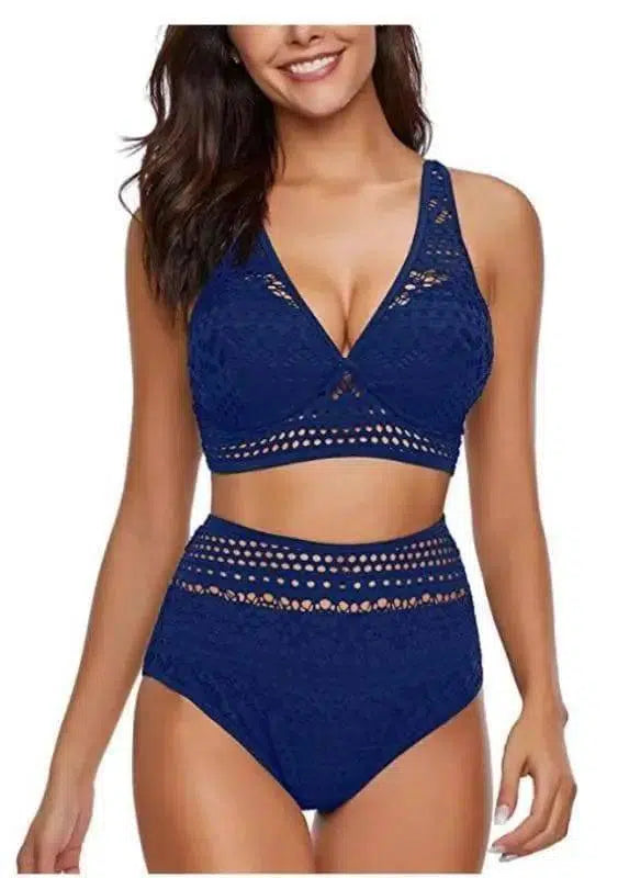 One-piece high waist cutout lace bikini-Blue-4