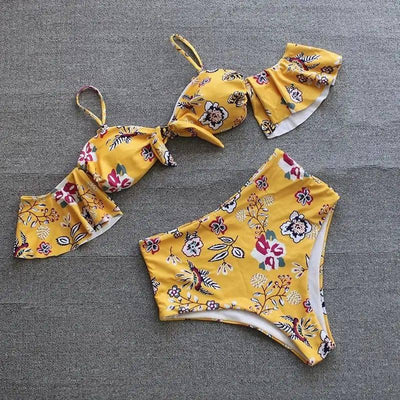 One-shoulder Lotus Split High Waist Leaf Print Swimsuit-Yellow-3