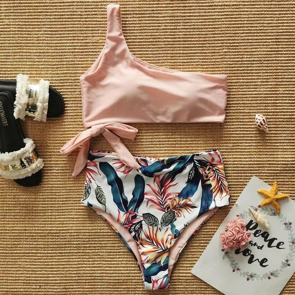 One Shoulder Strap Bikini Print Swimsuit-1Pink-5