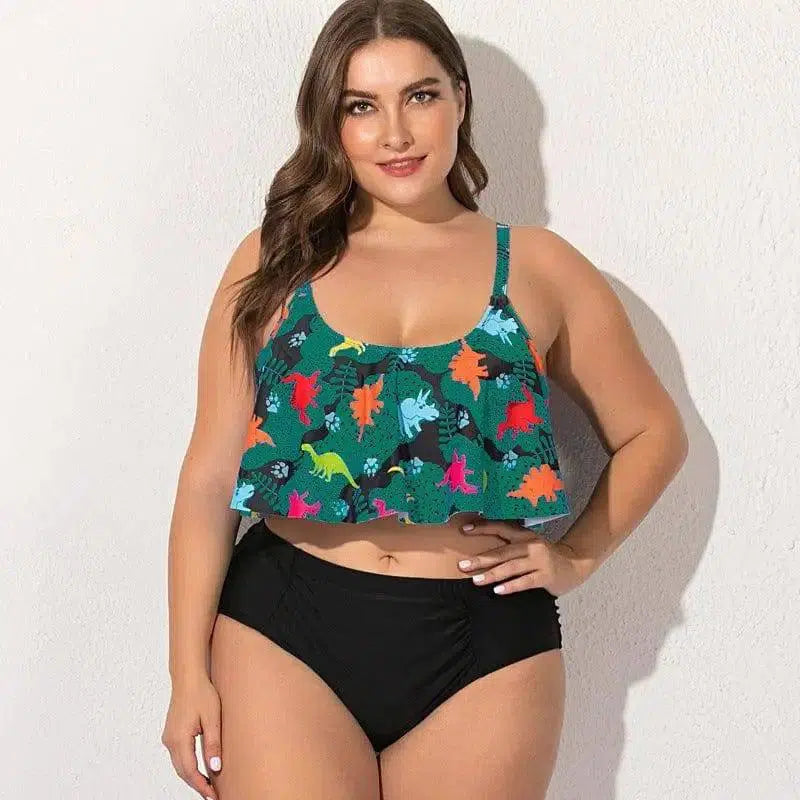 Oversized fat girl female split bikini swimsuit-Green-2