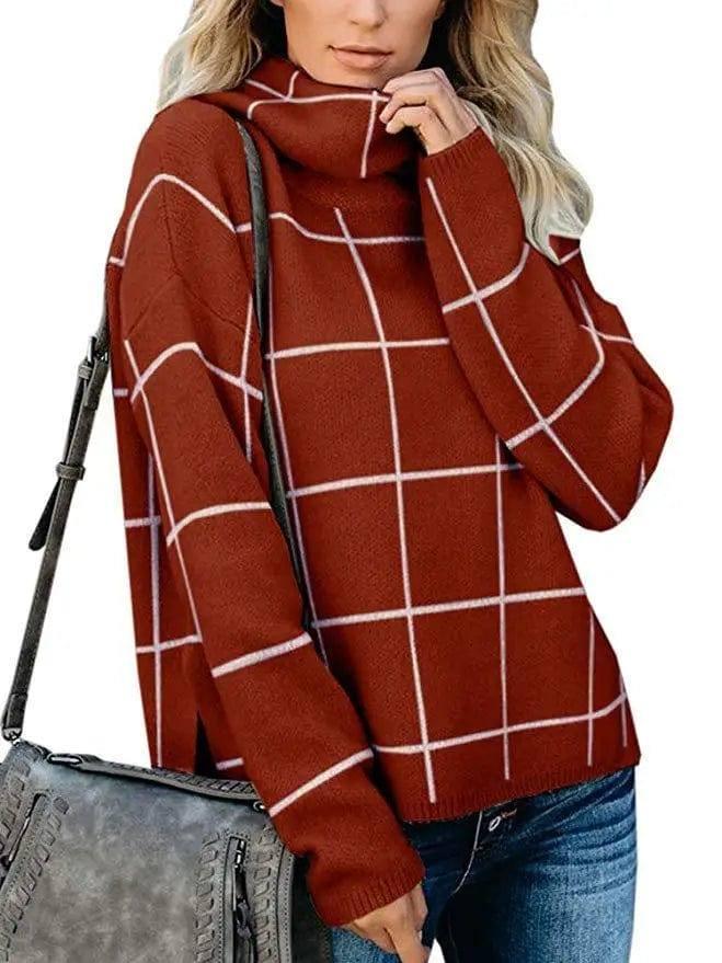 Plaid sweater pullover plaid sweater-Red-6