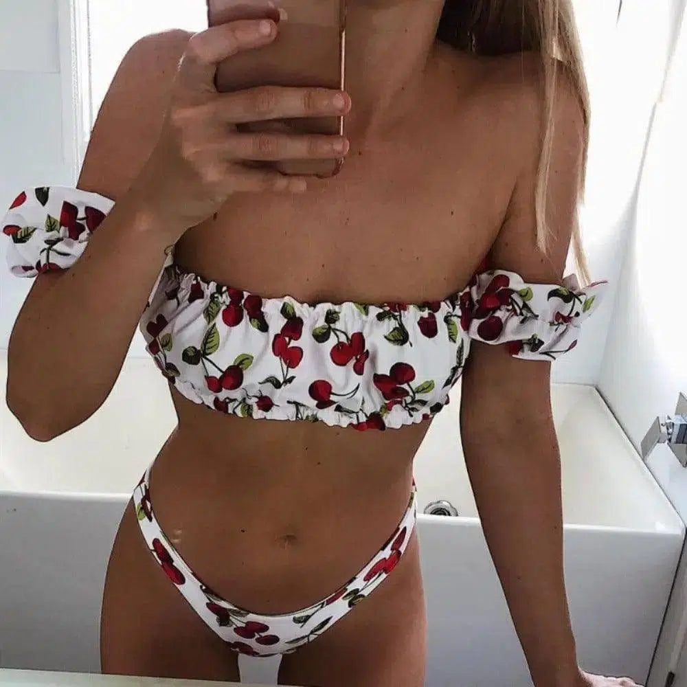 Pleated bikini with cherry print and sleeves-Picturecolor-1