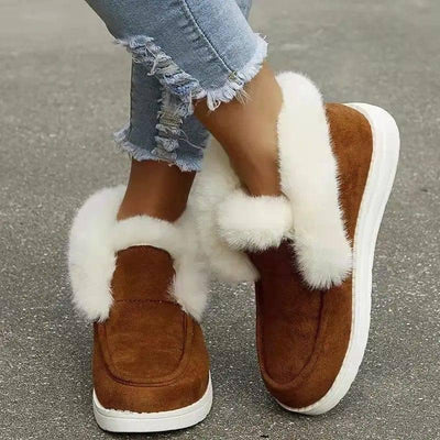 Plush Flat Bottom Thickened Large Short Snow Boots For Women-Brown-4