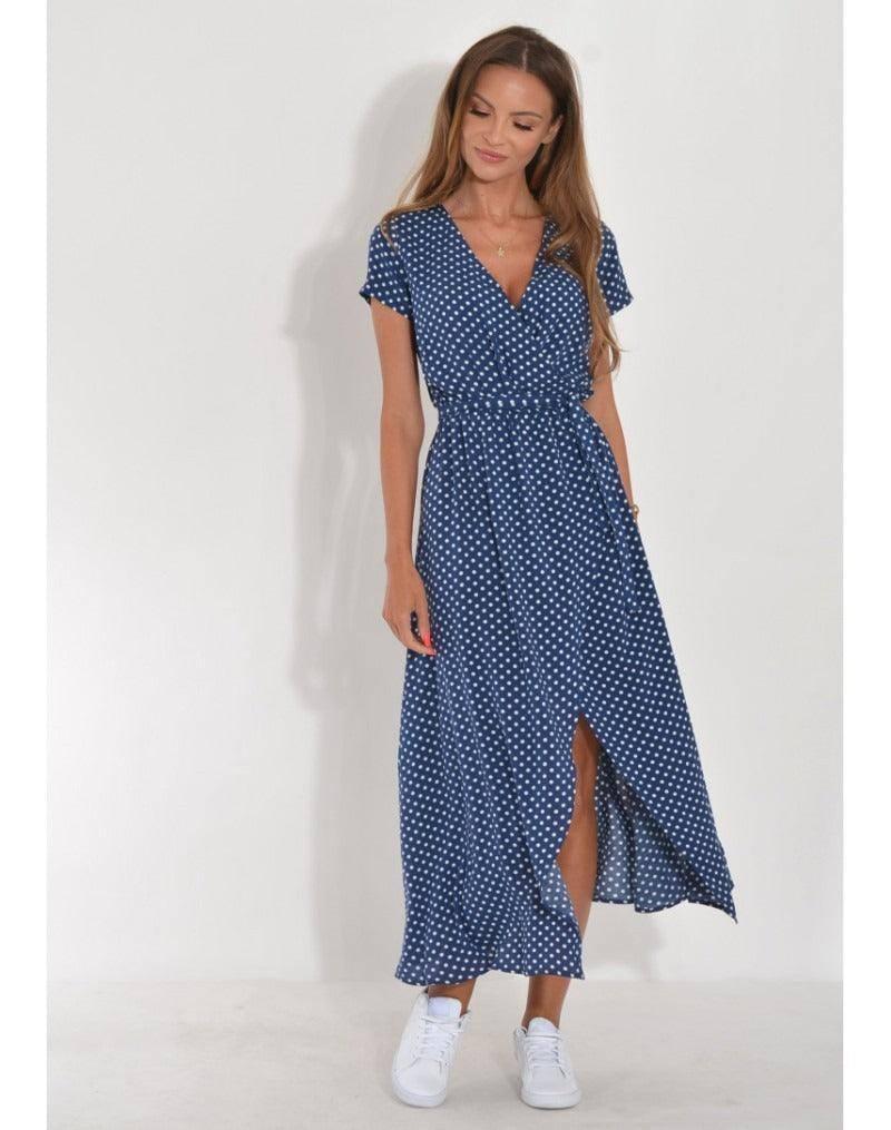 Chic Floral Maxi Dress - Summer Fashion-Blue dots-3