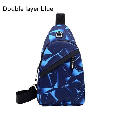 Print Sling Chest Bag For Men Crossbody Bag With Earphone-Double layer blue-4