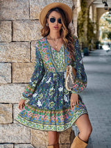 Printed V-neck Waist-controlled Long Sleeves Dress Women-10