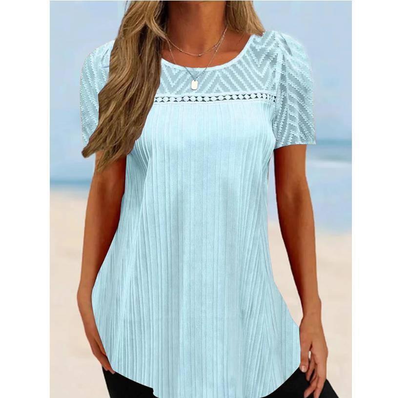 Pullover Round Neck Lace Patchwork Short-sleeved T-shirt-Light Blue-8