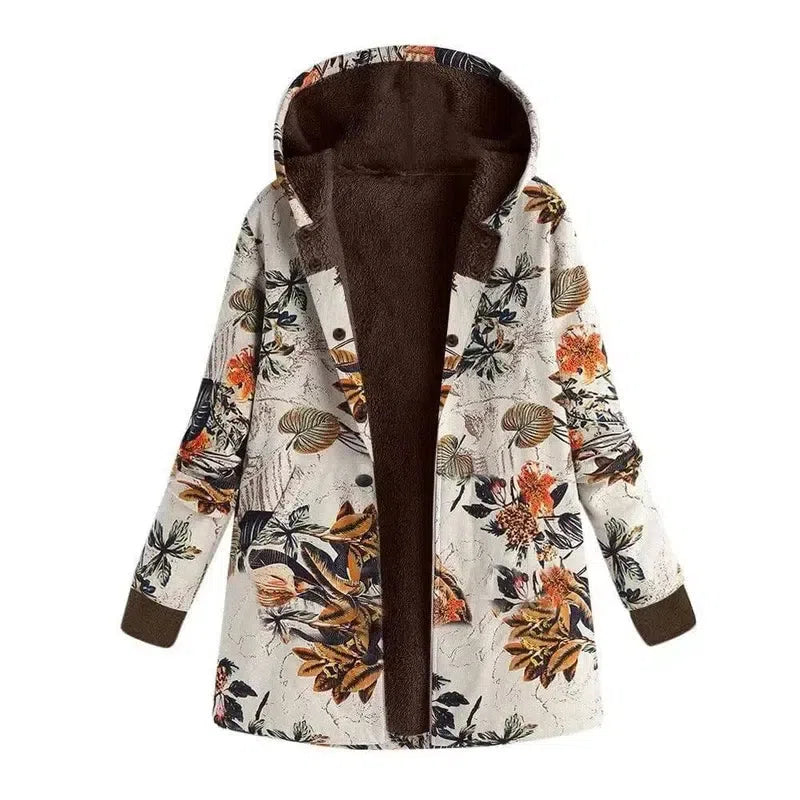 Retro flower print plus size hooded jacket top-Beige-9