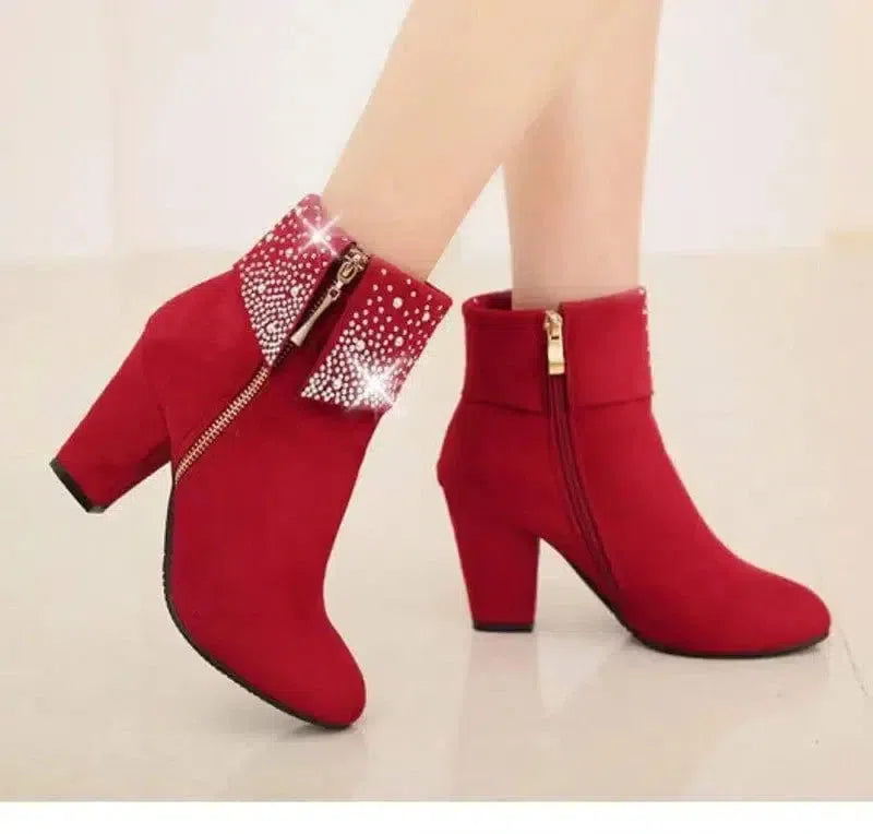 Rhinestone nubuck short heel women boots-1