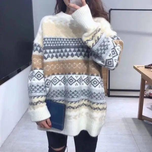 Rhomboid Round Neck Sweater Women's Pullover Sweater-Beige-1