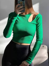 Ribber Knitted T Shirts Women Green Spring Cut Out White-1