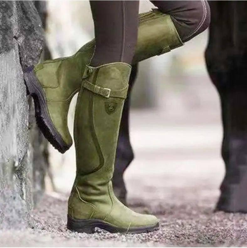 Riding Western Boots Winter Knee High Block Heel Round Toe-Green-1