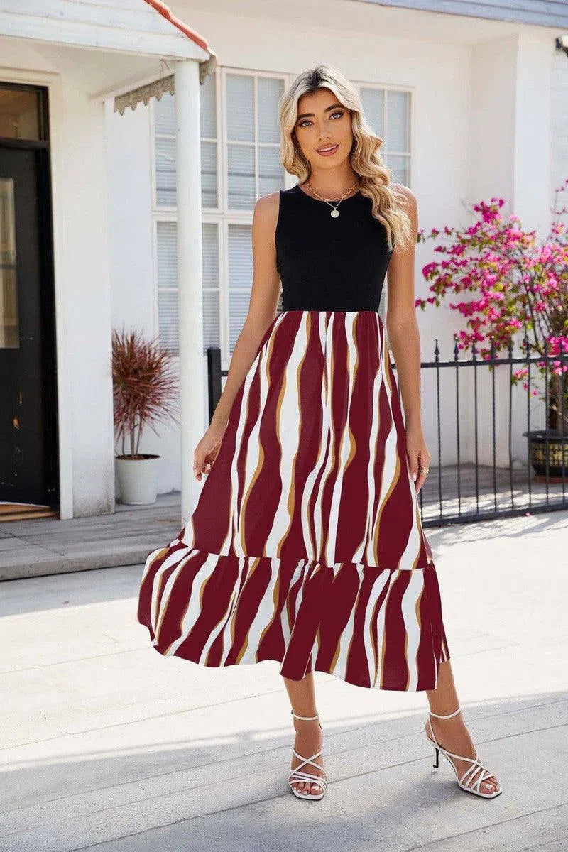 Round Neck Sleeveless Long Dress Summer Fashion Striped Print Dresses Womens Clothing-3