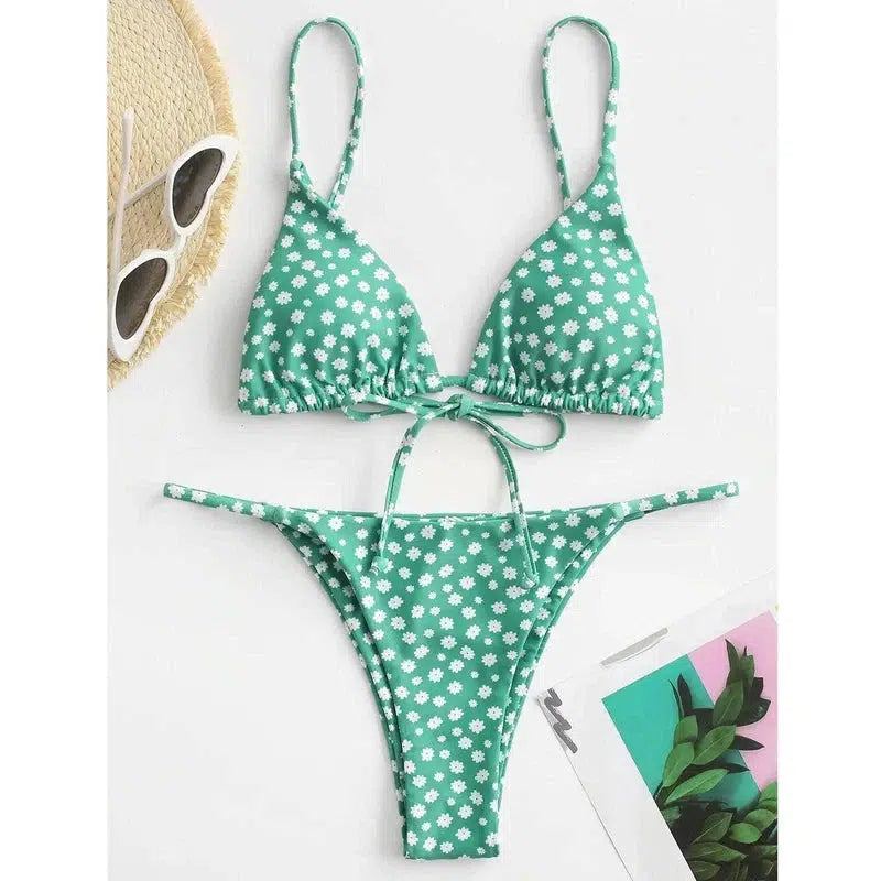 Halter Tie Dye Bikini Set-Greenandwhite-2