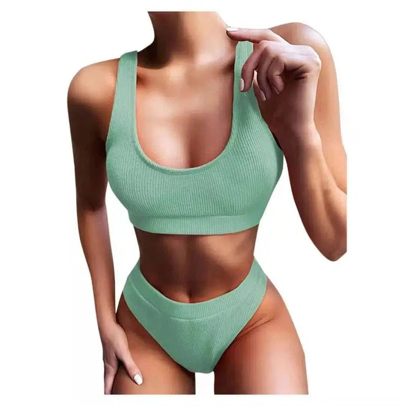 Knitting Bikini Female Swimsuit High Waist Swimwear-Green-4