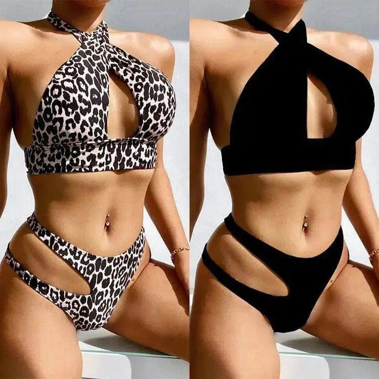 Leopard Print Hollow Bandage Bikini-1