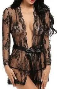 lingerie bathrobe strappy nightdress set-Black-5