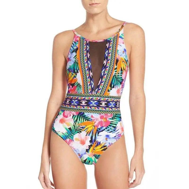 Sexy Mesh One Piece Swimsuit High Cut Swimwear Women Floral-1