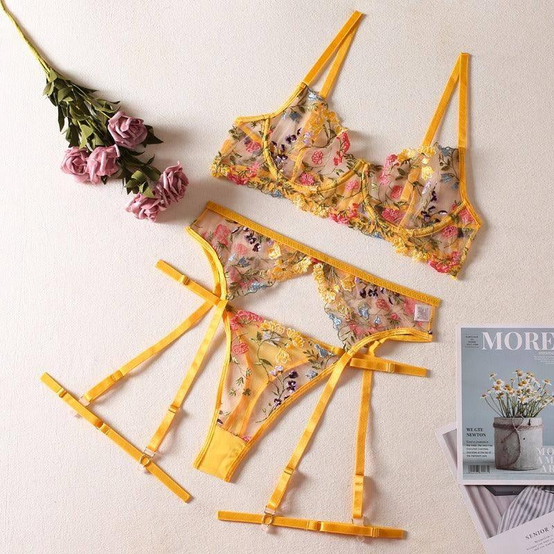 Sexy See-Through Yellow Garden Floral Bra Garter Belt Thong-Yellow-5