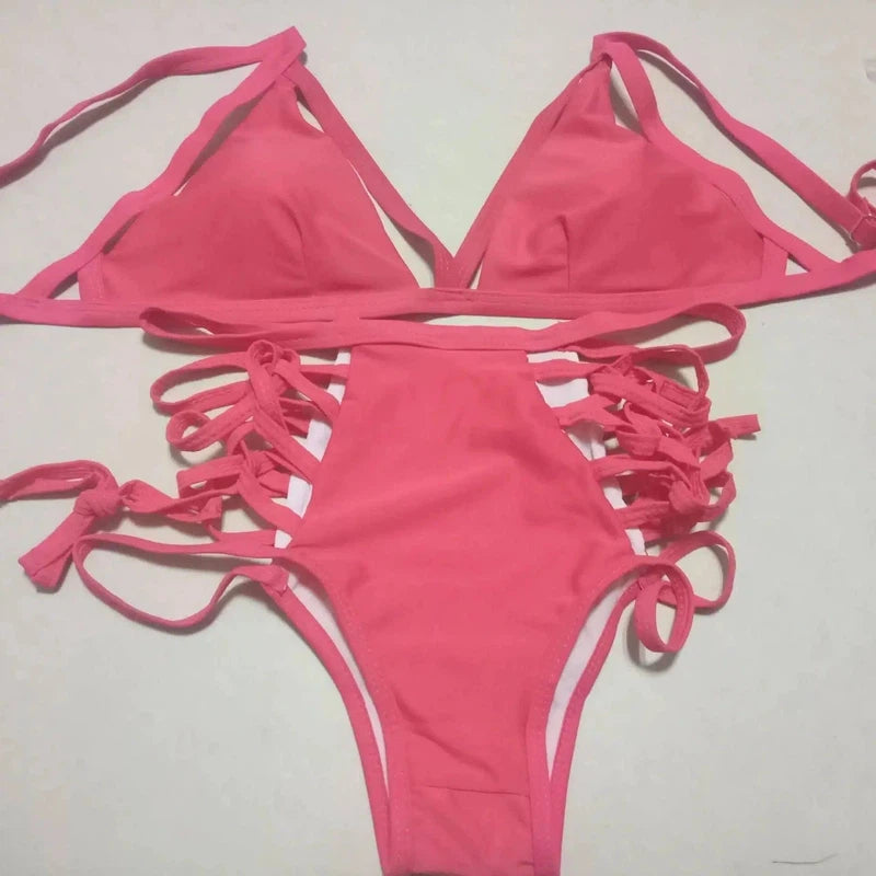 strap bikini split swimsuit-WatermelonRed-5